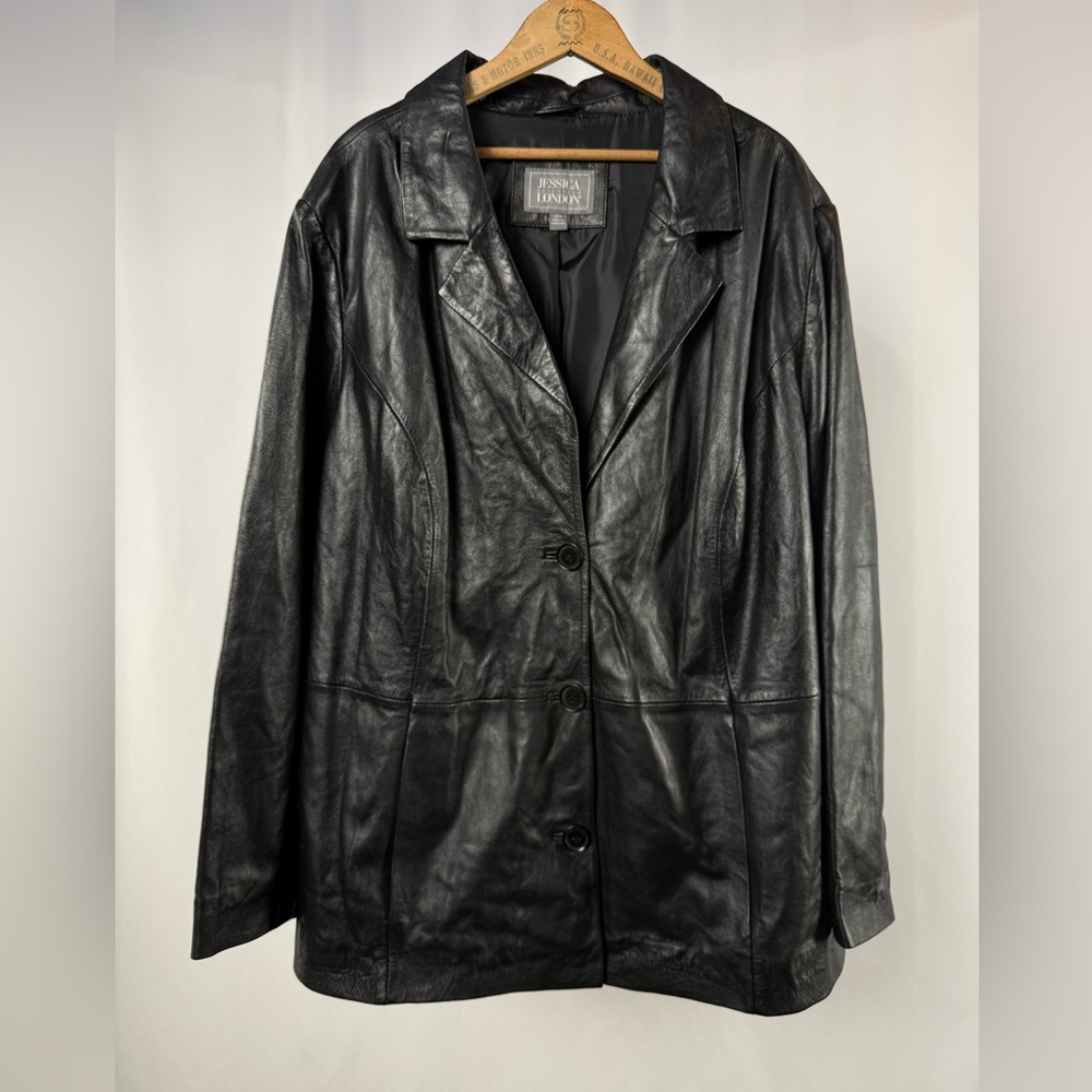 Vintage‎ Y2K Jessica London Classic Leather Jacket in Black Size 26W
